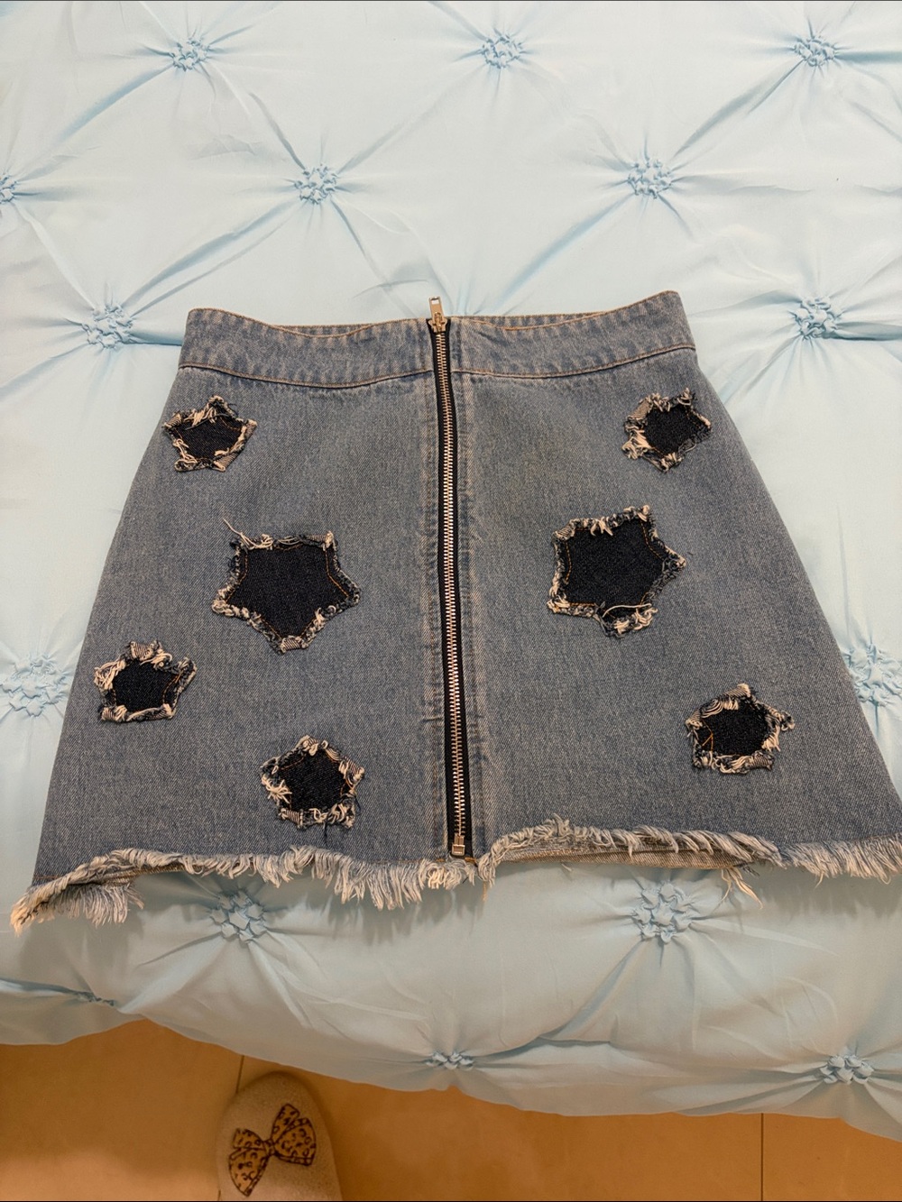 Honey Punch Blue Distressed Denim Mini Skirt with Front Zip and Star Cutouts